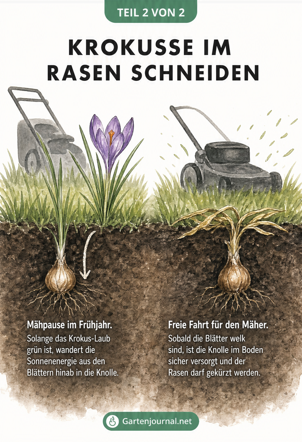 Aquarell-Illustration eines Rasenquerschnitts mit Krokussen, die zeigt, dass man erst mähen darf, wenn das Krokuslaub welk ist.
