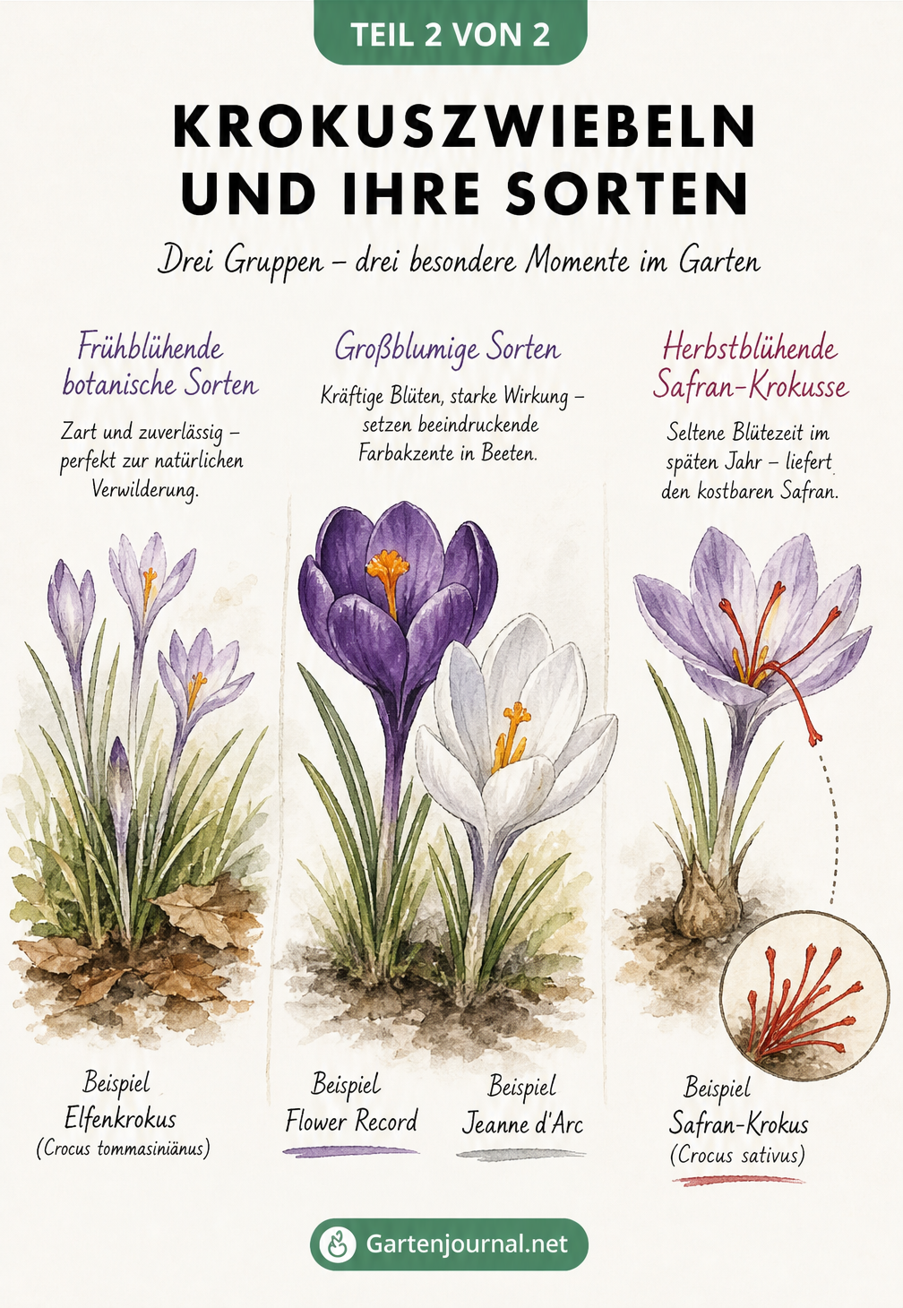 Botanische Lehrtafel mit Illustrationen von Elfenkrokus, großblumigen Sorten und Safran-Krokus