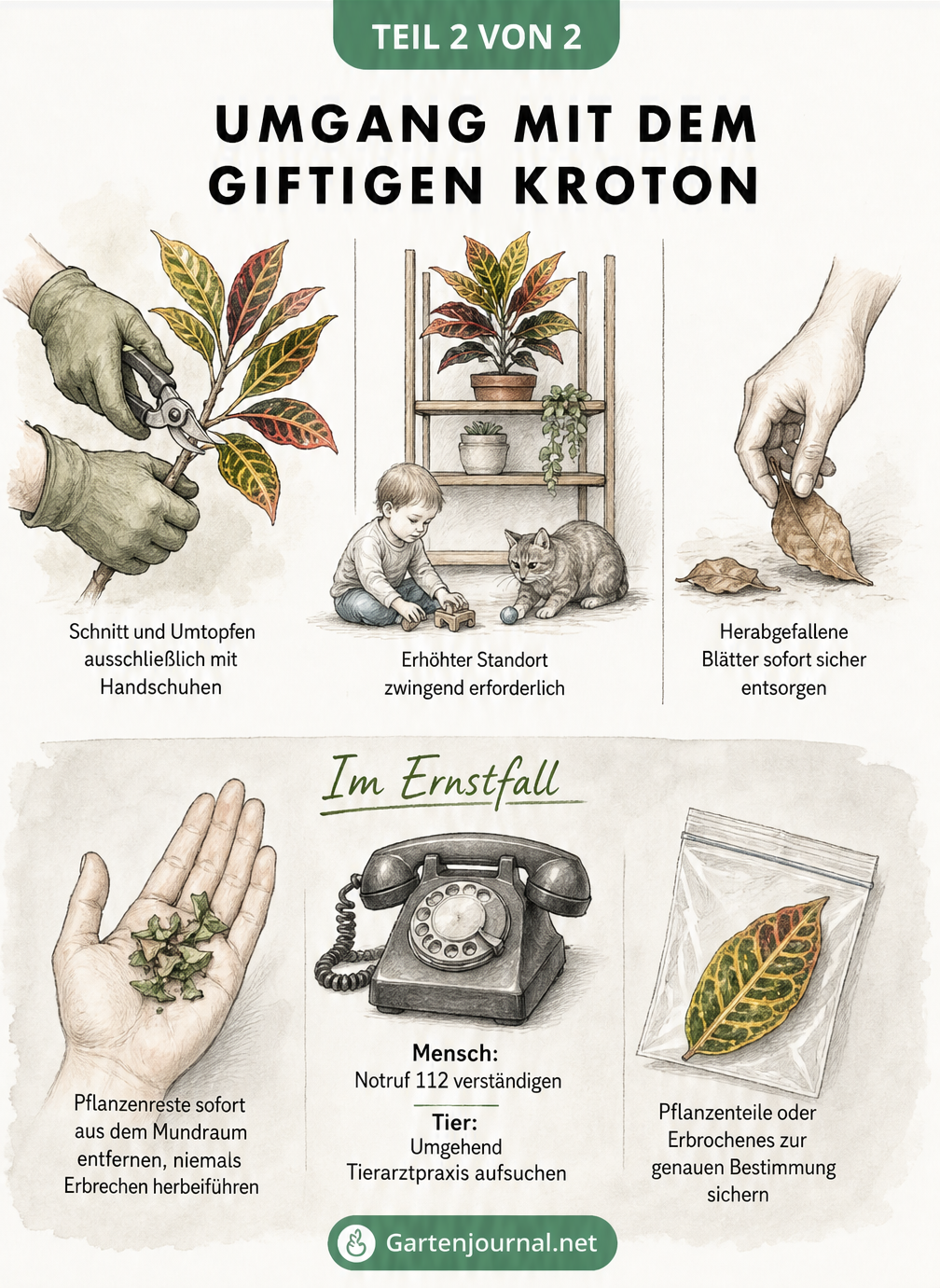 Illustrationen zum sicheren Umgang mit dem Kroton: Handschuhe beim Schneiden, erhöhter Standort und Erste-Hilfe-Maßnahmen bei Vergiftung.