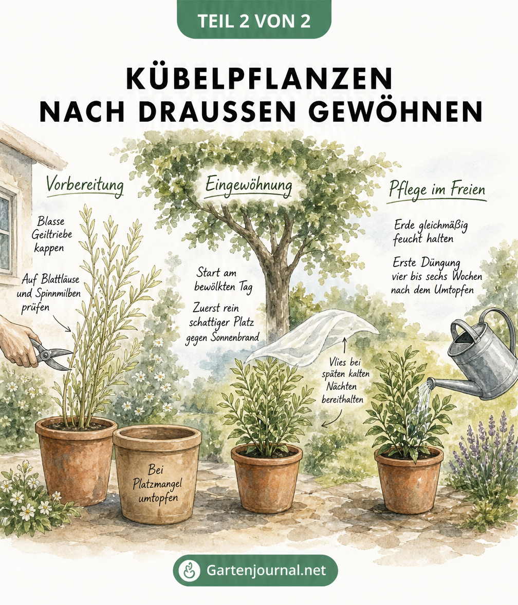 Skizzenhafte Darstellung der Eingewöhnung von Kübelpflanzen ins Freie, von der Vorbereitung über den Schattenplatz bis zur Pflege.