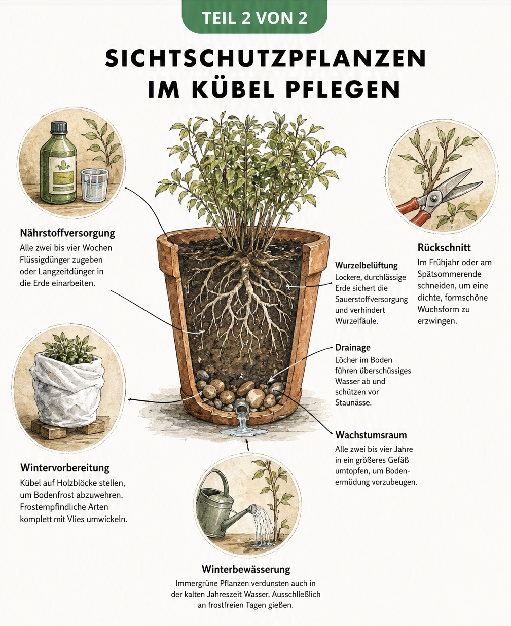 Querschnitt eines bepflanzten Terracotta-Kübels mit Hinweisen zu Wurzelbelüftung, Drainage und Pflege