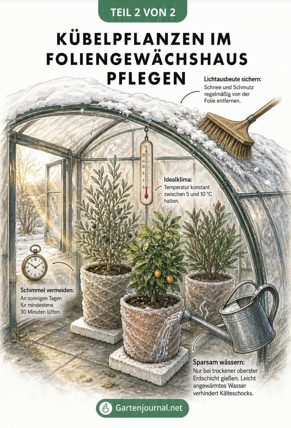 Blick in ein Foliengewächshaus im Winter mit Tipps zur Pflege von Kübelpflanzen wie Lüften, Temperaturkontrolle und sparsamem Gießen