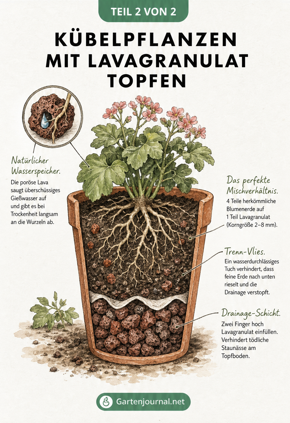 Querschnitt eines bepflanzten Terrakotta-Topfes, der die Schichtung von Lavagranulat als Drainage und in der Blumenerde zeigt