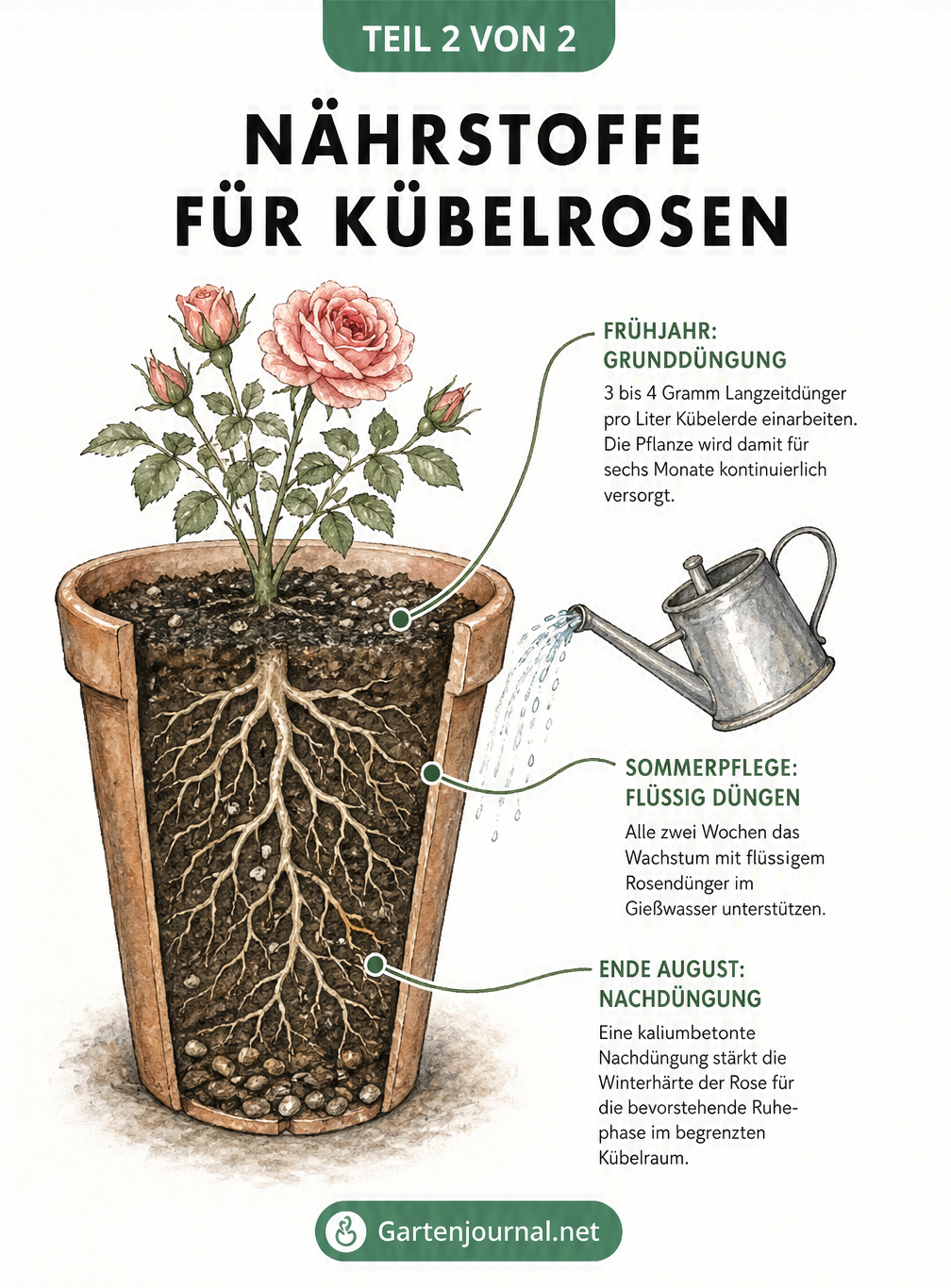 Schnittdarstellung eines bepflanzten Terrakotta-Topfes mit einer Rose, die die Düngung im Frühjahr, Sommer und Herbst zeigt