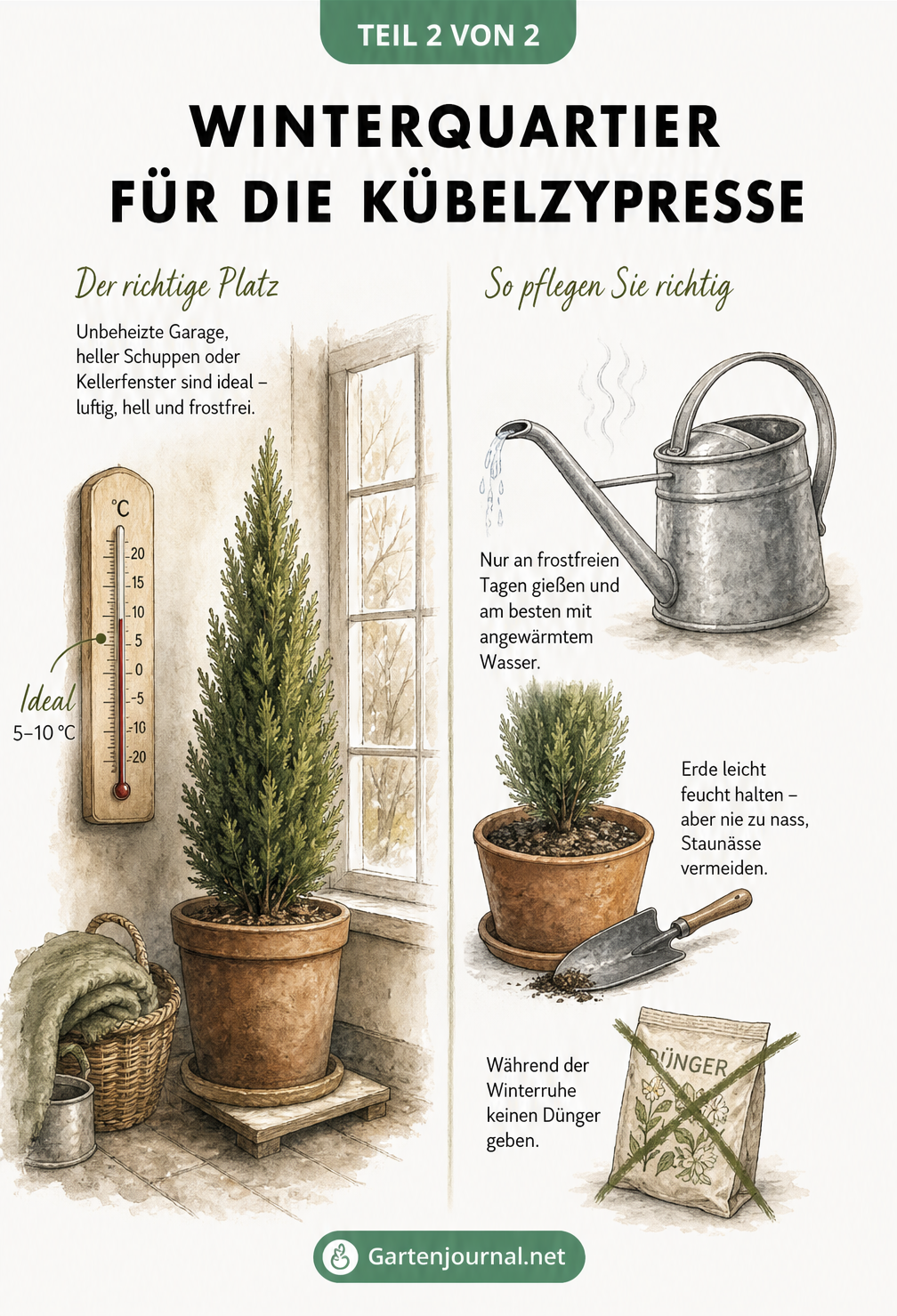 Illustration eines Winterquartiers für Zypressen mit Gießkanne und Thermometer