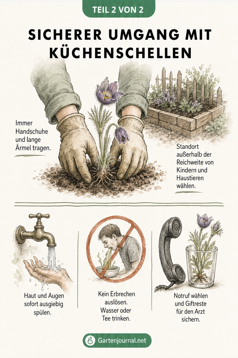Illustration zum sicheren Umgang mit der Küchenschelle bei der Gartenarbeit und Erste-Hilfe-Maßnahmen
