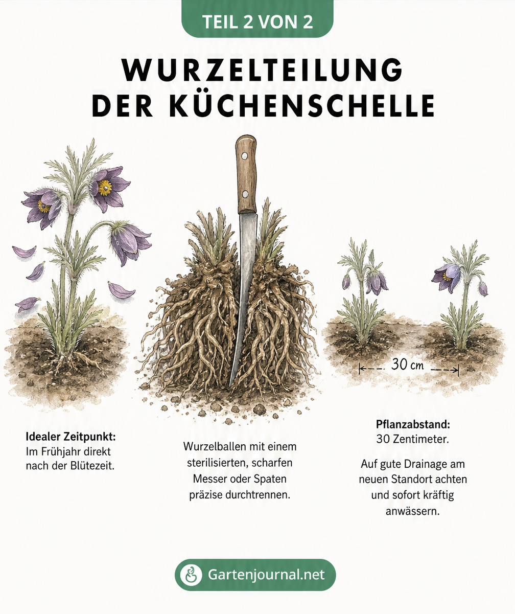 Illustration der Wurzelteilung einer Küchenschelle mit Messer und Pflanzabstand