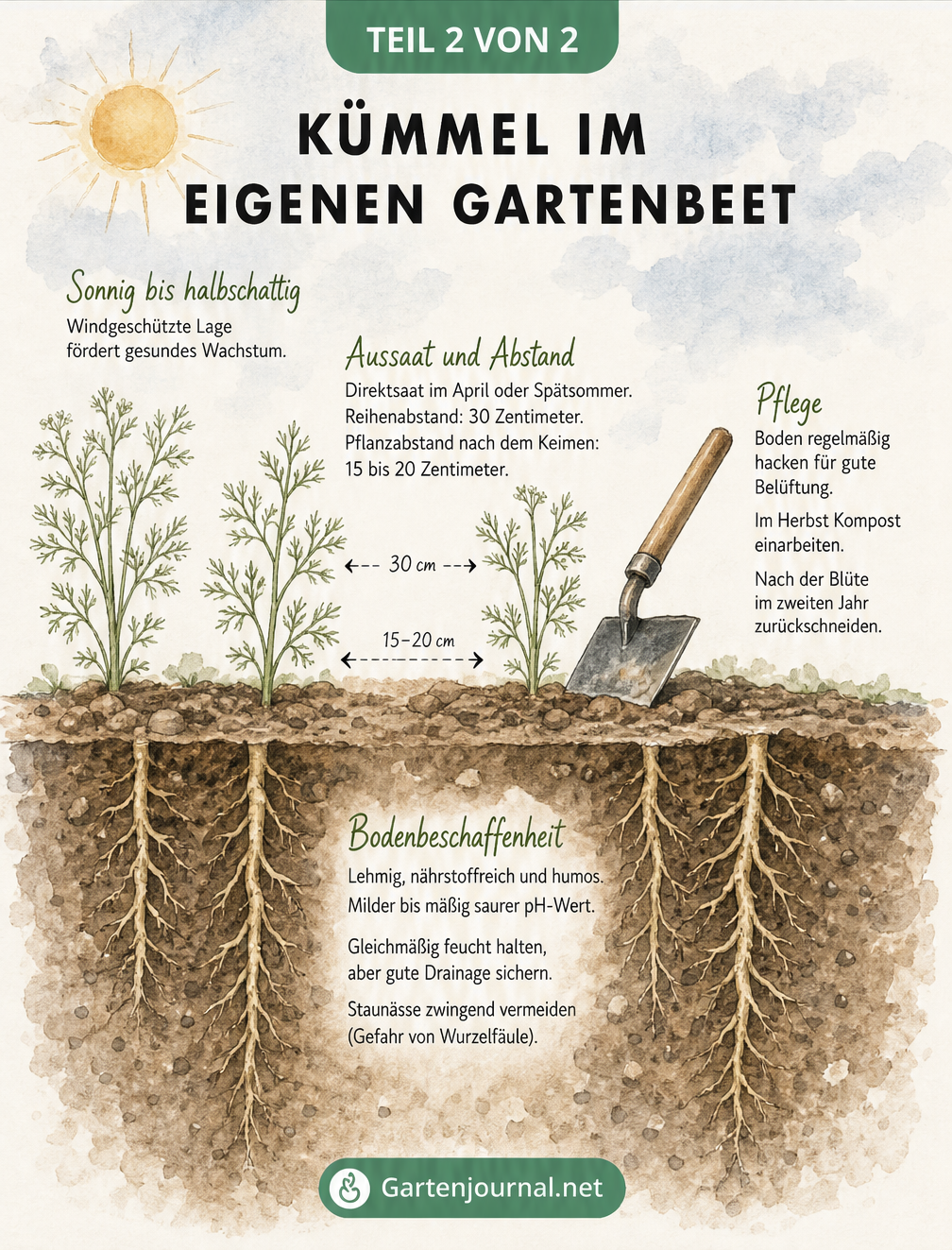 Querschnitt durch ein Gartenbeet mit jungen Kümmelpflanzen, Pflegehinweisen und Bodenbeschaffenheit