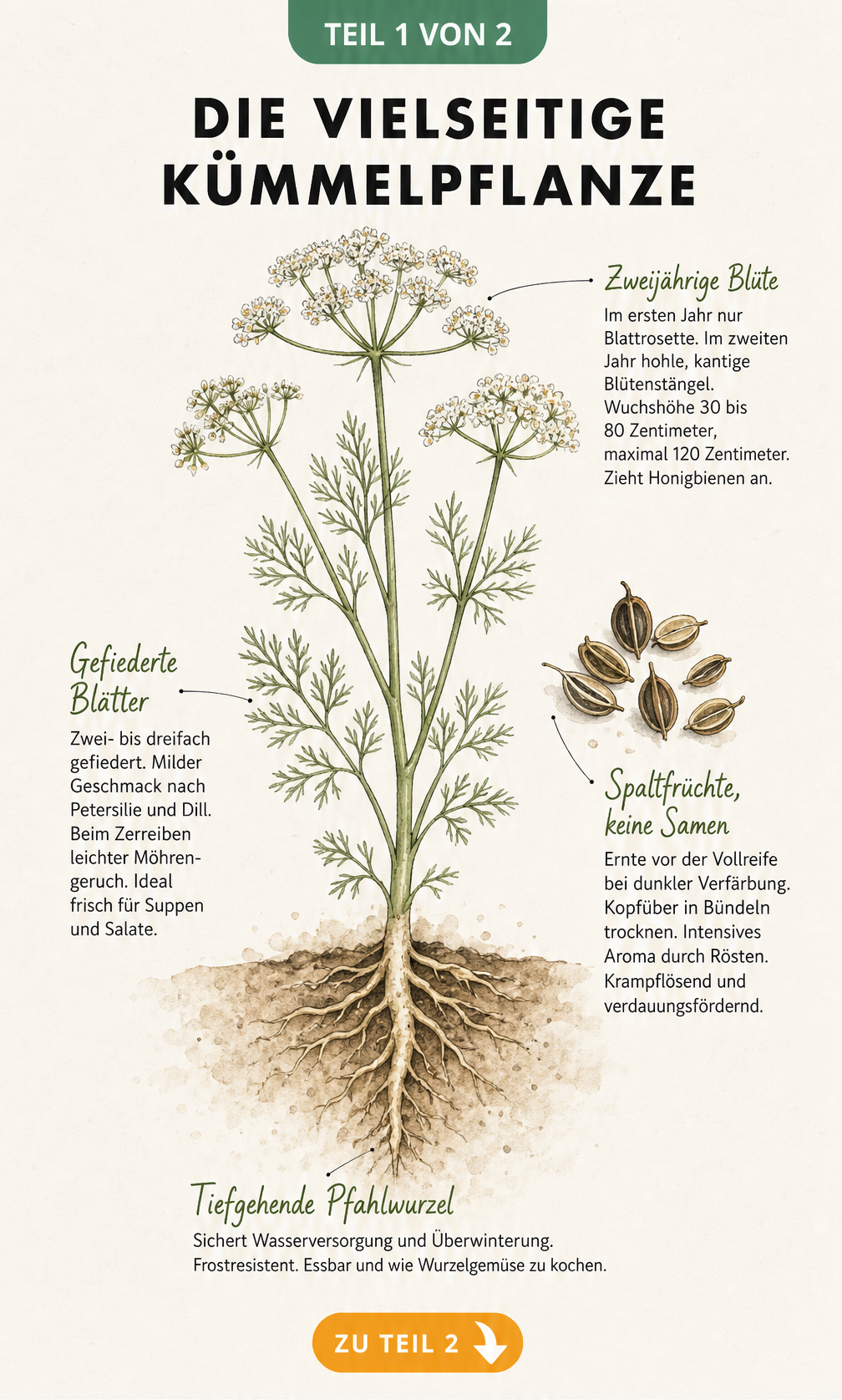 Botanische Illustration der Kümmelpflanze mit Details zu Wurzel, Blättern, Blüten und Samen