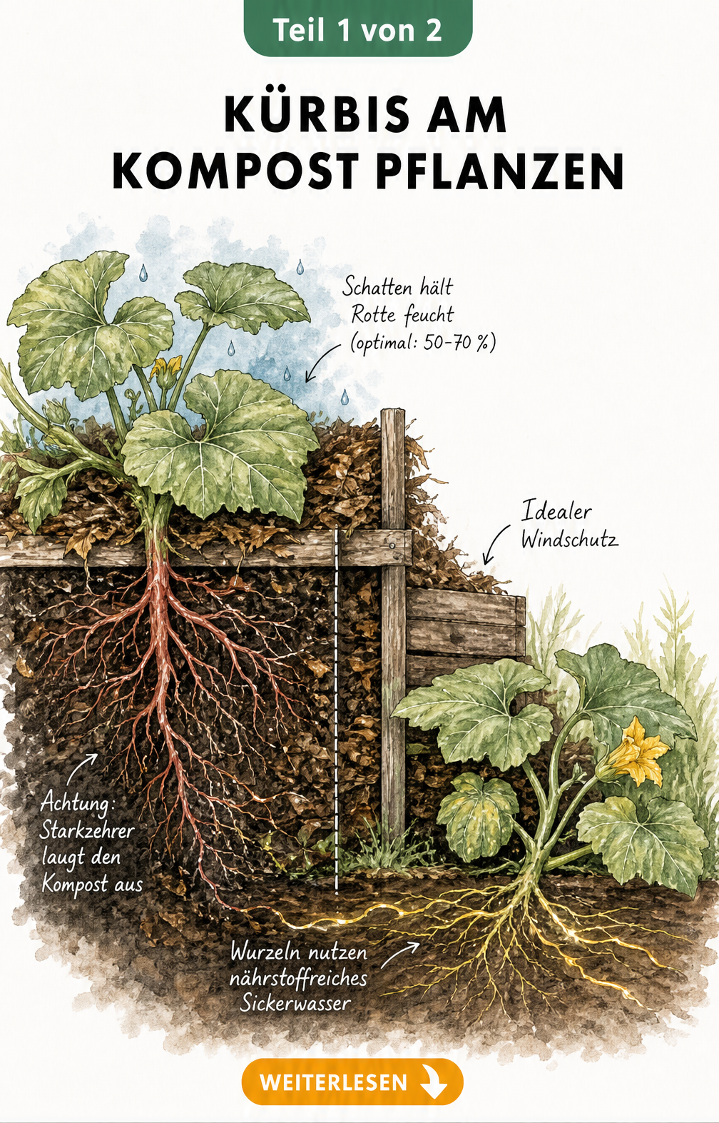 Illustration eines Komposthaufens mit Kürbispflanzen direkt auf der Erde und am Fuß des Komposts