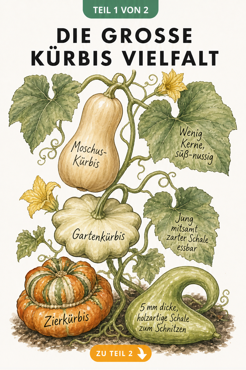 Botanische Illustration einer Kürbispflanze mit Butternuss-Kürbis, Pattison-Kürbis, Türken-Turban und Flaschenkürbis
