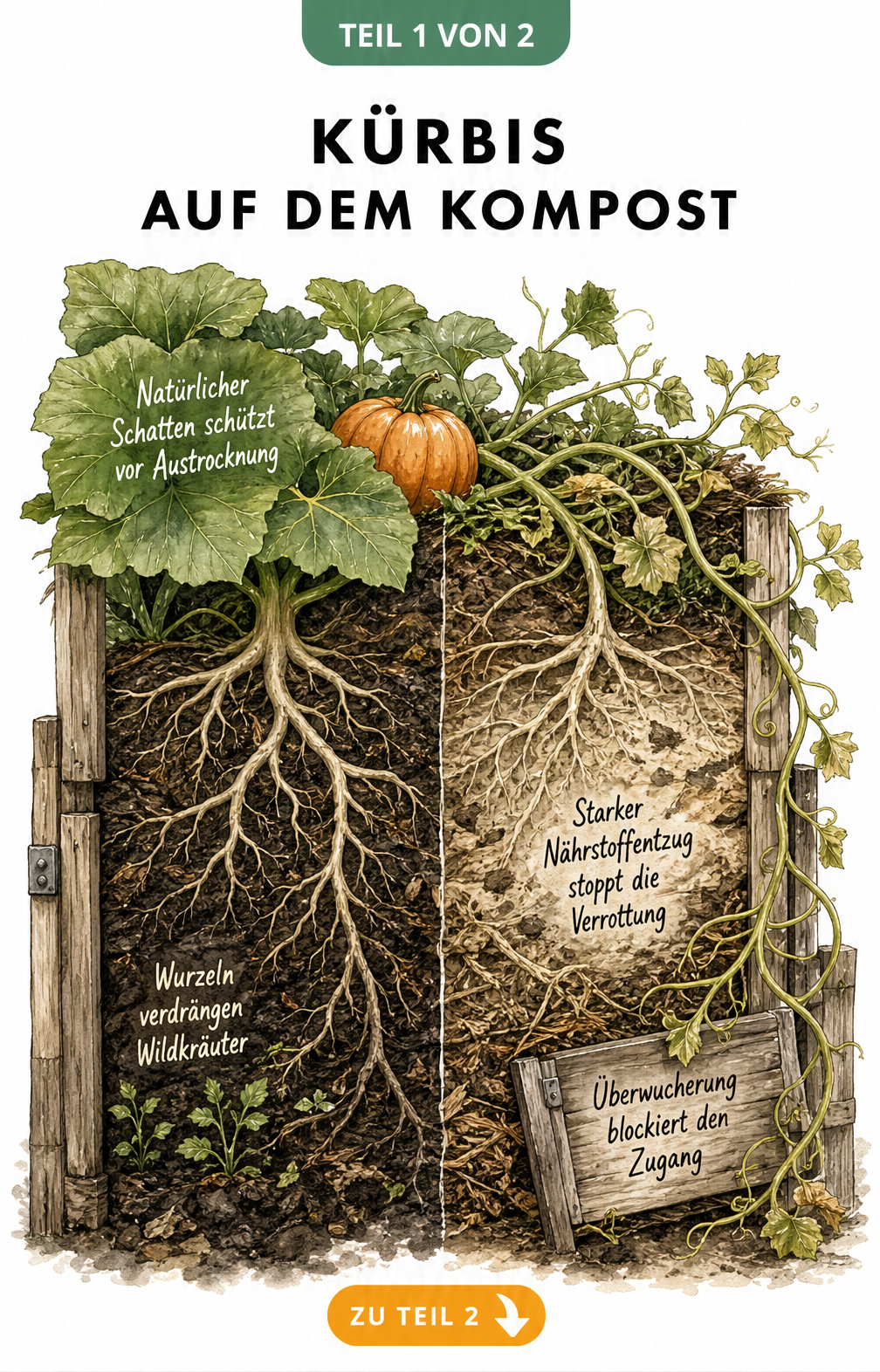 Illustration eines Kompostsilos im Querschnitt mit einer darauf wachsenden Kürbispflanze, die Schatten spendet und Nährstoffe entzieht