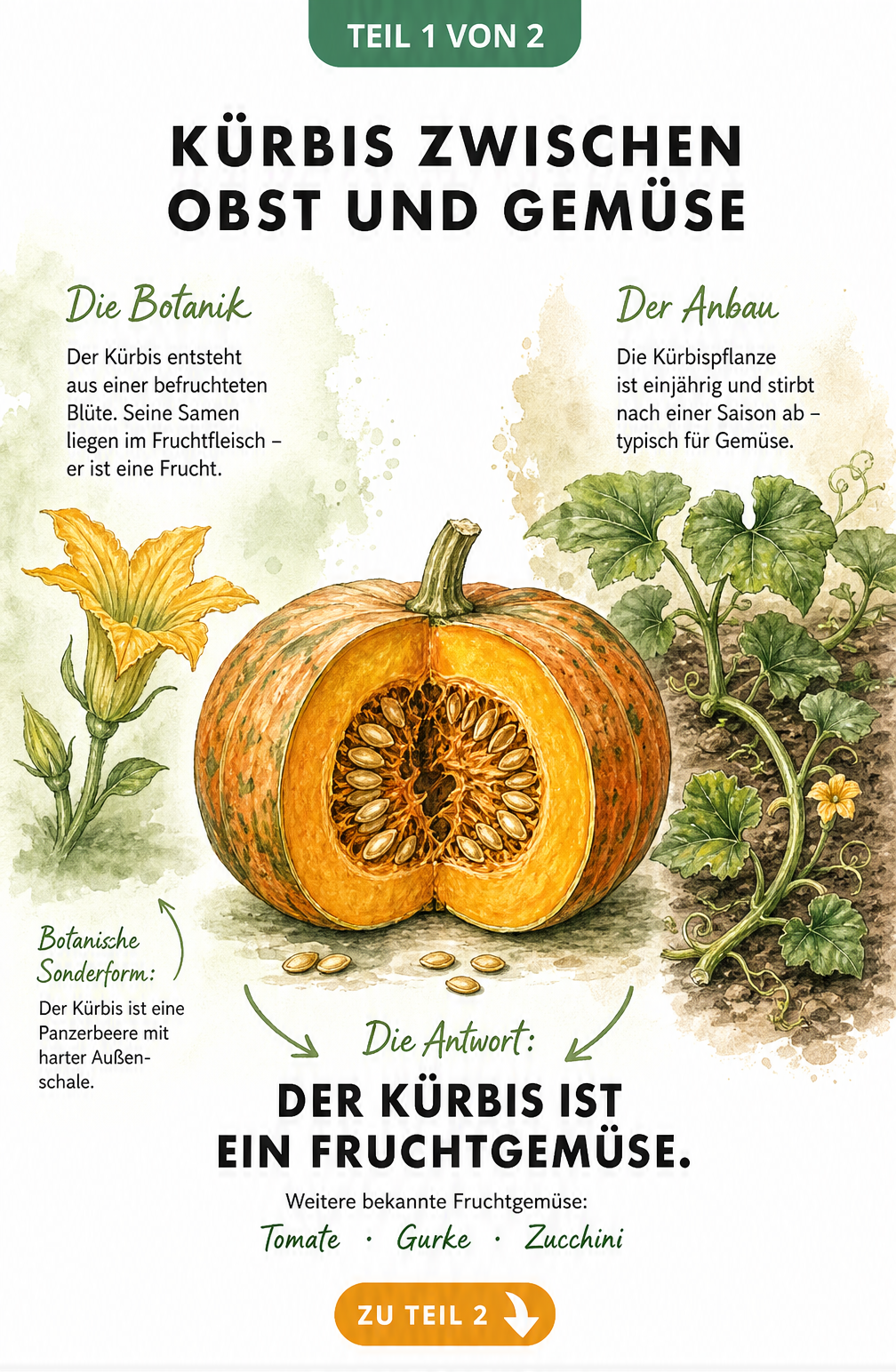 Illustration eines aufgeschnittenen Kürbisses mit Erklärung zur botanischen Einordnung als Fruchtgemüse
