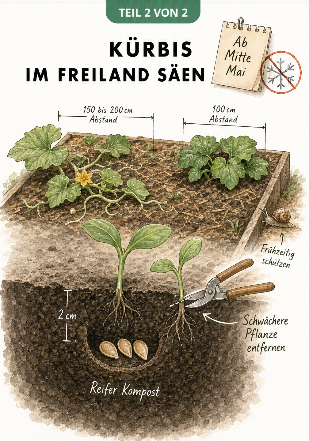 Isometrische Ansicht eines Gartenbeetes mit Kürbissamen im Kompost, Pflanzabständen und Schneckenschutz