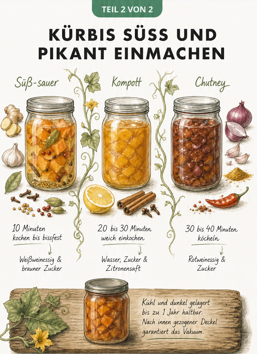 Drei Einmachgläser mit Kürbis: süß-sauer eingelegt, als Kompott und als Chutney, umgeben von den jeweiligen Zutaten