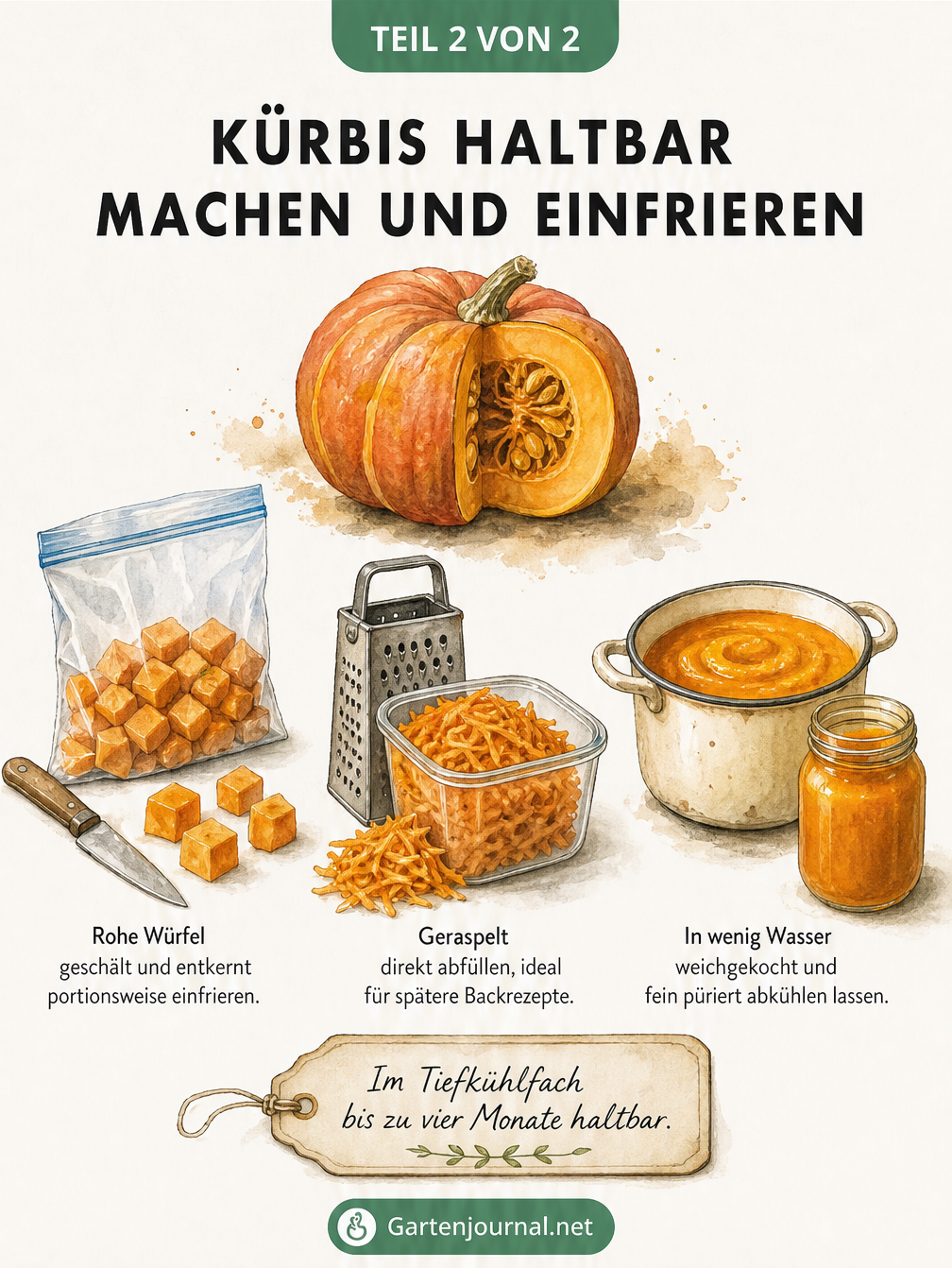 Illustration von Kürbiswürfeln, Kürbisraspeln und Kürbismus zum Einfrieren