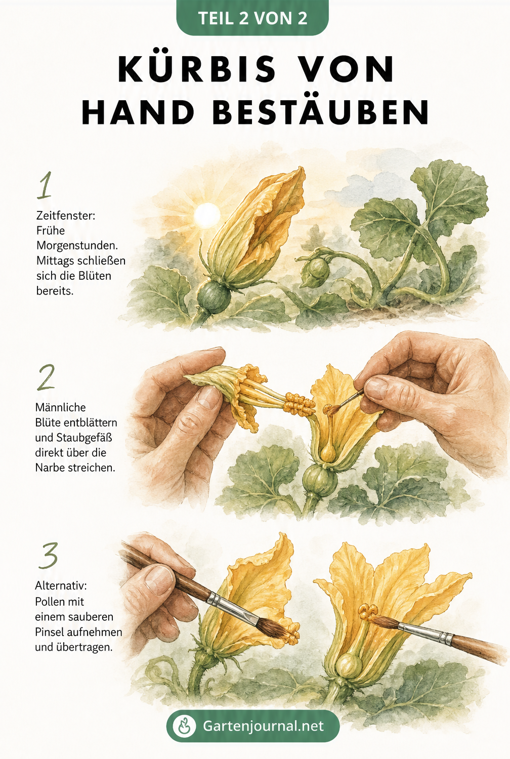Illustration der manuellen Kürbisbestäubung mit Pinsel und direkter Methode