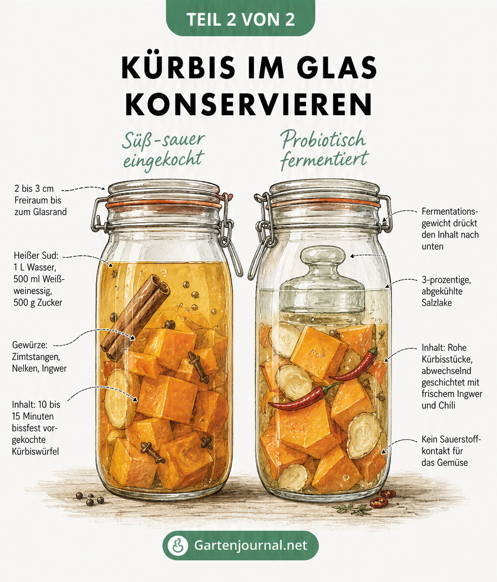 Querschnitt von zwei Einmachgläsern mit Kürbis: süß-sauer eingekocht und probiotisch fermentiert