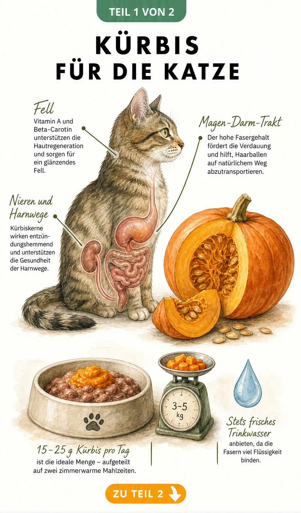 Illustration einer Katze neben einem Speisekürbis mit Hinweisen zu Vitamin A, Verdauung und Nierengesundheit sowie einer Fütterungsszene