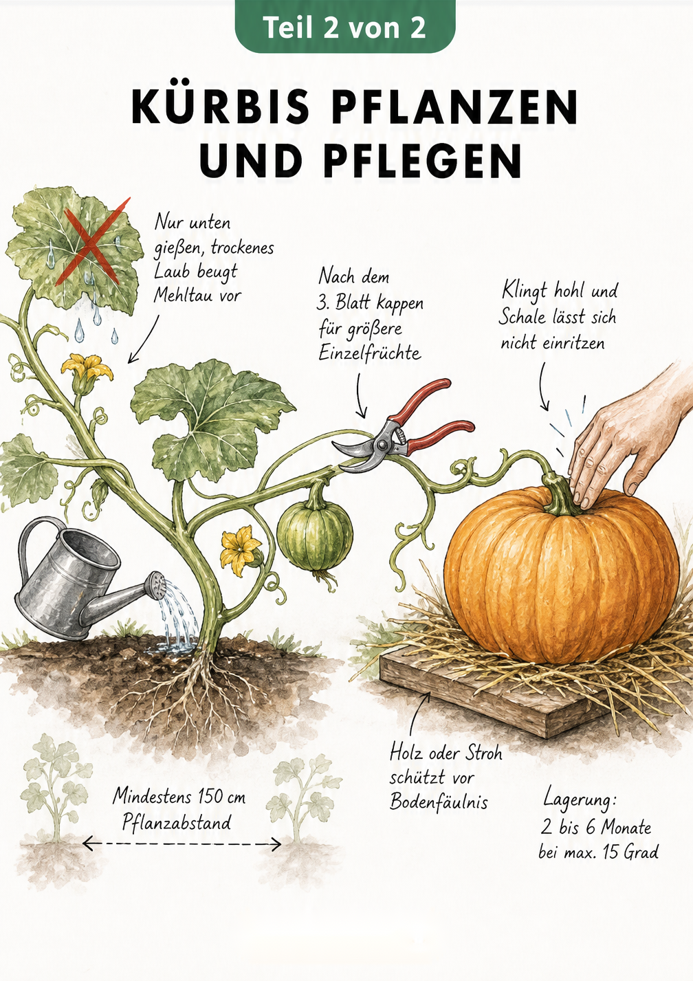 Zeichnung einer Kürbisranke mit Tipps zu Pflanzabstand, Gießen, Schnitt und Ernte