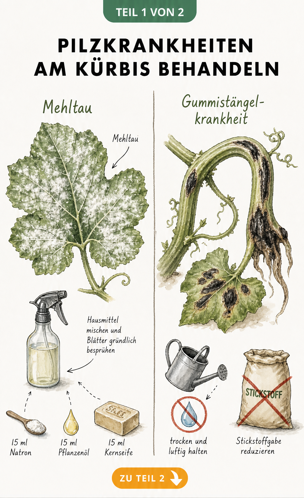 Illustration von Mehltau auf einem Kürbisblatt und Gummistängelkrankheit mit Hausmitteln zur Bekämpfung