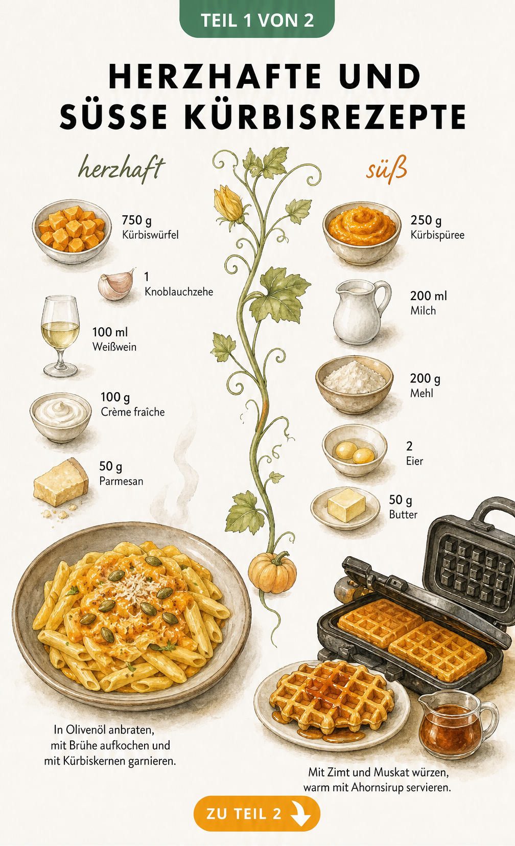 Illustration von herzhafter Kürbis-Pasta und süßen Kürbiswaffeln mit Zutaten