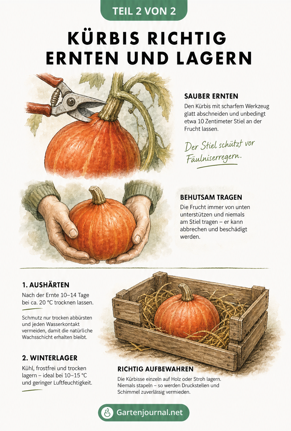 Illustration zum richtigen Ernten und Lagern von Kürbissen, zeigt das Abschneiden mit Gartenschere und die Lagerung in einer Holzkiste auf Stroh.