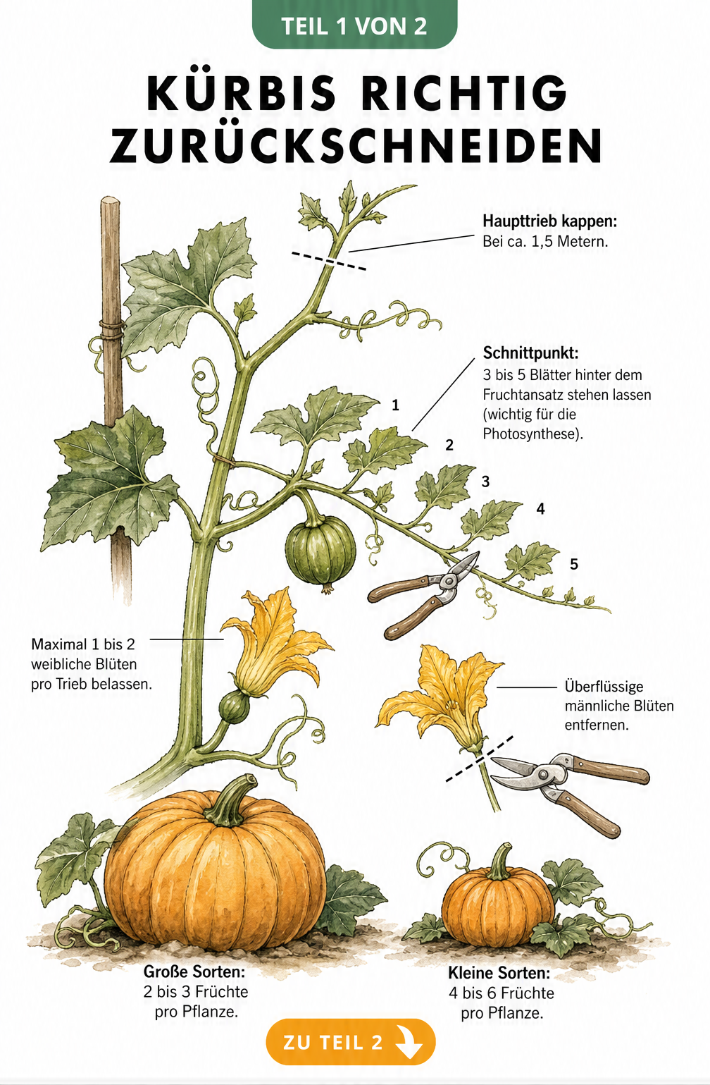 Botanische Illustration zum richtigen Zurückschneiden von Kürbispflanzen mit Markierungen an Haupttrieb, Seitentrieb und Blüten.