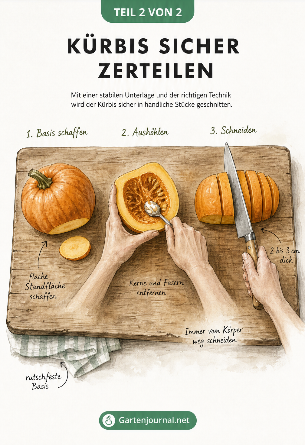 Illustration eines sicheren Schneidevorgangs für Kürbis auf einem Holzbrett mit rutschfester Basis, inklusive Aushöhlen und Zerteilen in Spalten.