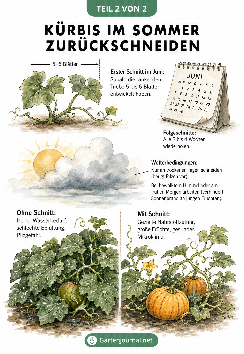 Aquarell-Illustration zum idealen Zeitpunkt und Wetter für den Kürbisschnitt im Sommer, mit Vergleich einer ungeschnittenen und geschnittenen Pflanze.