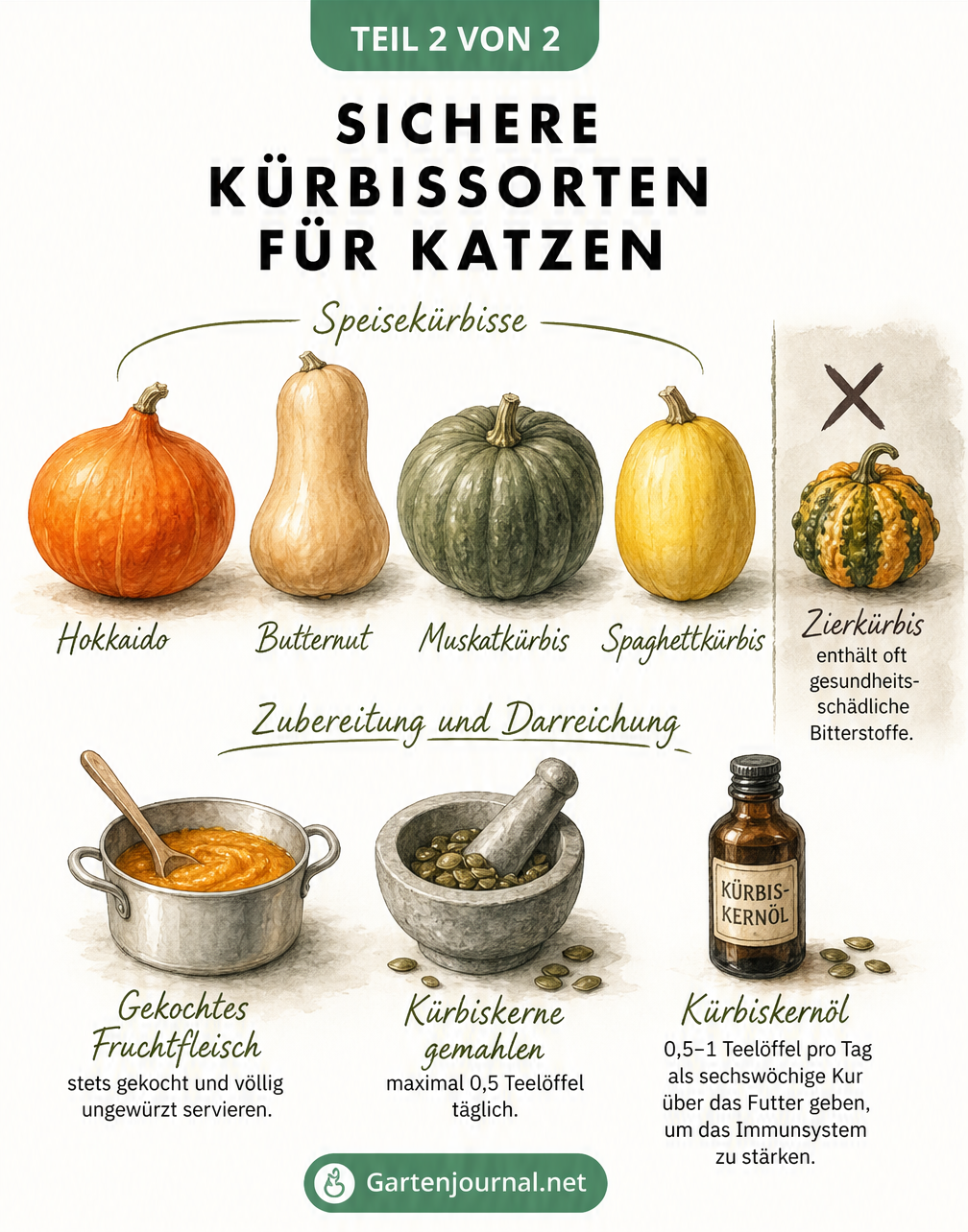 Botanische Zeichnung von Hokkaido, Butternut, Muskatkürbis und Spaghettikürbis sowie Zubereitungsarten wie Püree, gemahlene Kerne und Kürbiskernöl