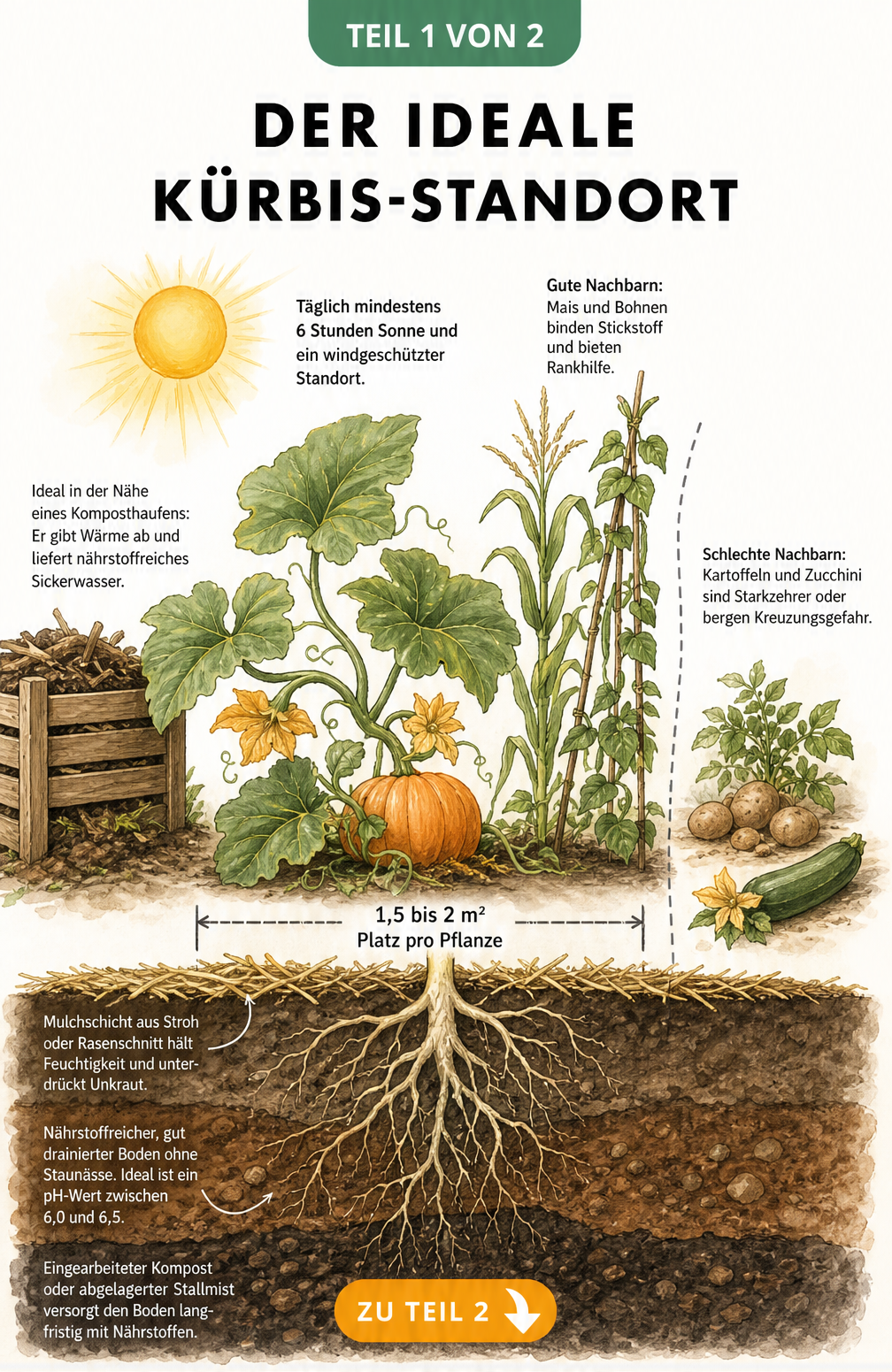 Querschnitt eines Gartenbeetes mit einer Kürbispflanze, die Sonne, Wurzelwerk, Kompost und gute Beetnachbarn wie Mais und Bohnen zeigt.