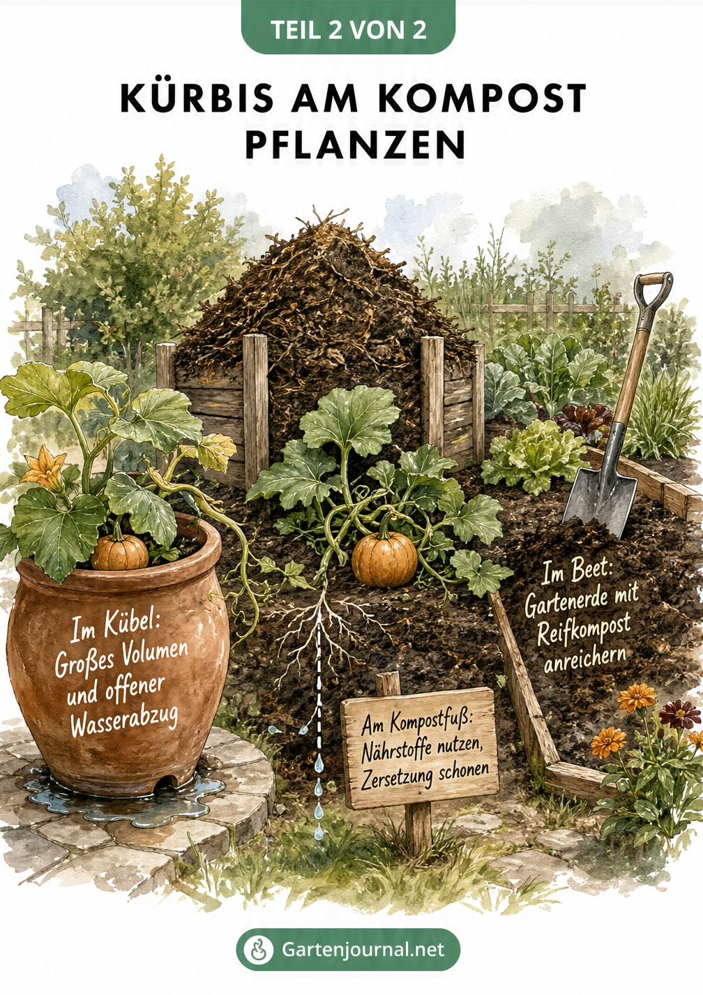 Gartenlandschaft mit drei idealen Standorten für Kürbisse: am Kompostfuß, im Gemüsebeet und im großen Terrakotta-Kübel