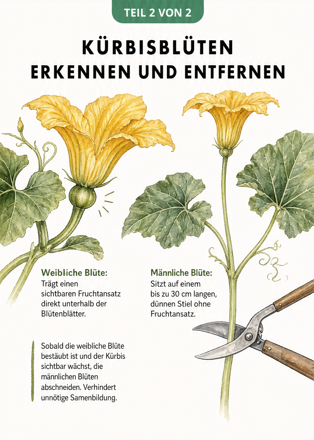Gegenüberstellung einer weiblichen Kürbisblüte mit Fruchtansatz und einer männlichen Kürbisblüte am langen Stiel, inklusive Gartenschere zum Abschneiden.