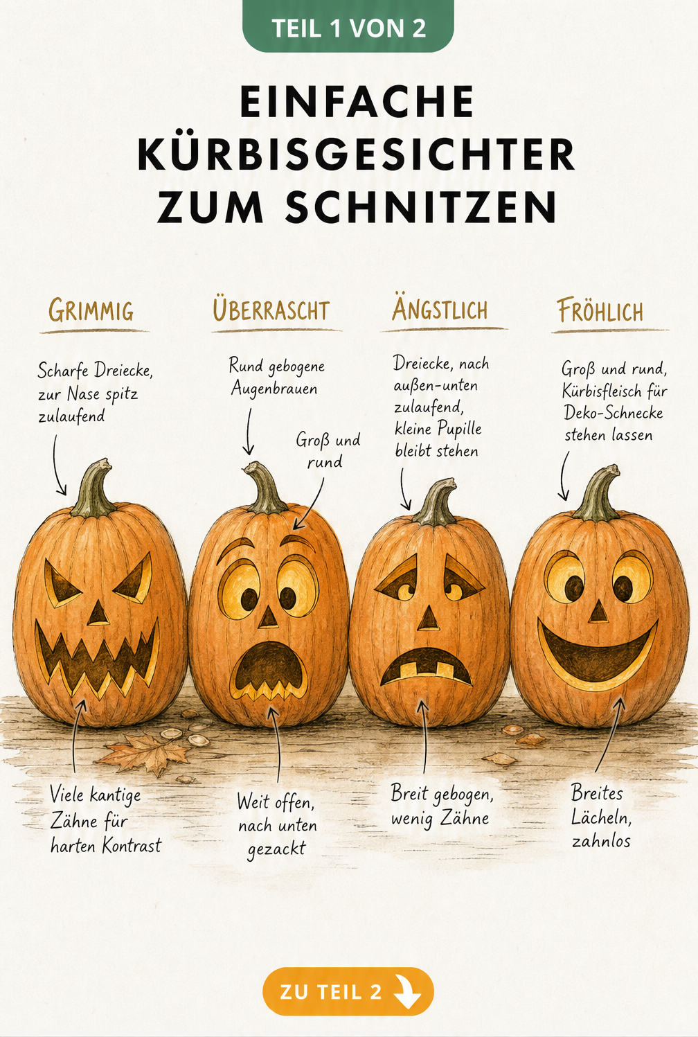 Vier handgezeichnete Kürbisgesichter mit Schnitzanleitungen für grimmige, überraschte, ängstliche und fröhliche Ausdrücke