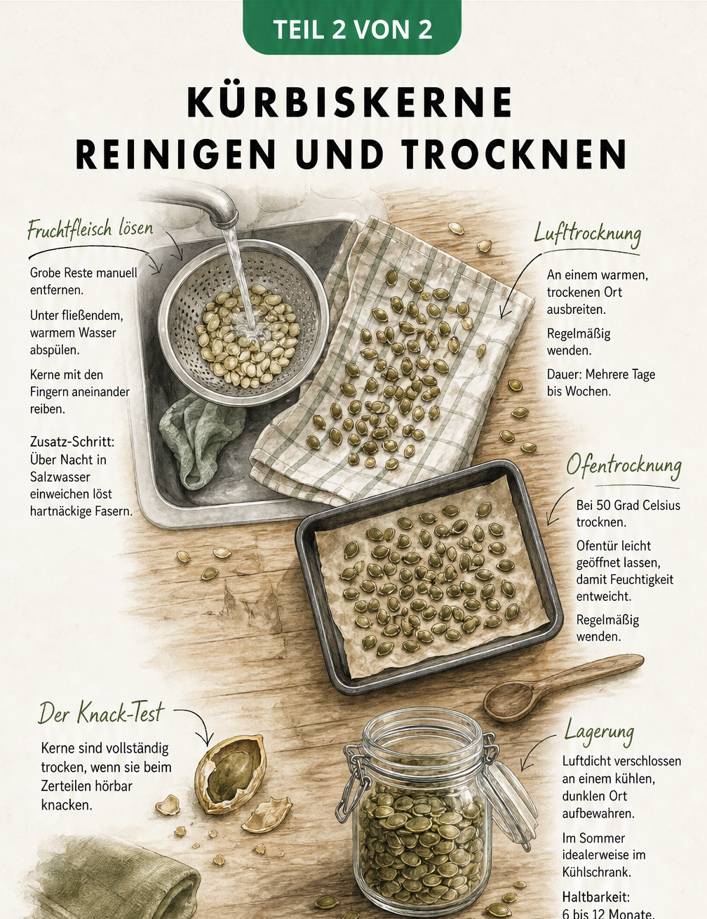 Illustration der Arbeitsschritte zum Reinigen und Trocknen von Kürbiskernen mit Sieb, Backblech und Einmachglas