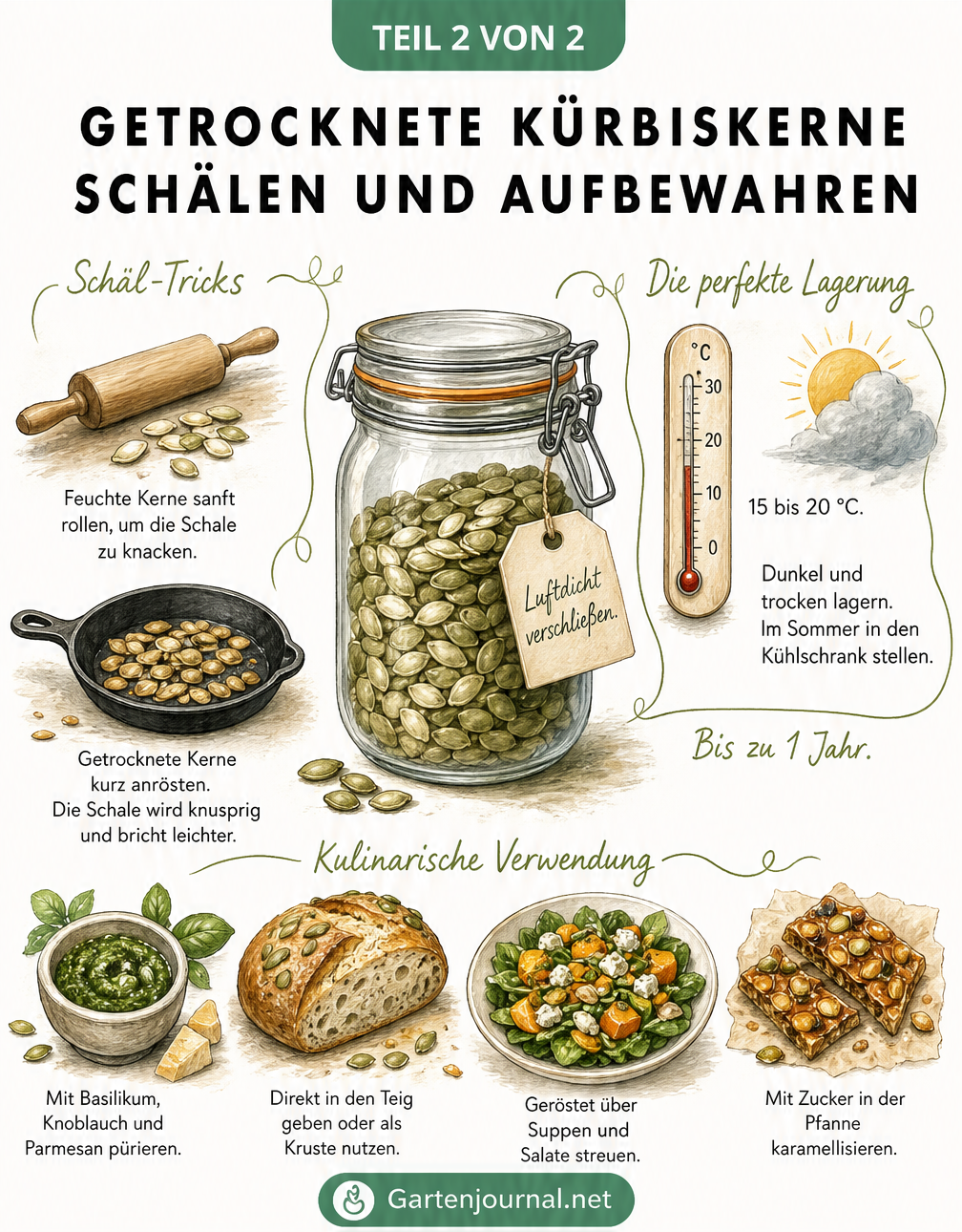 Illustration zum Schälen, Lagern und Verwenden von getrockneten Kürbiskernen