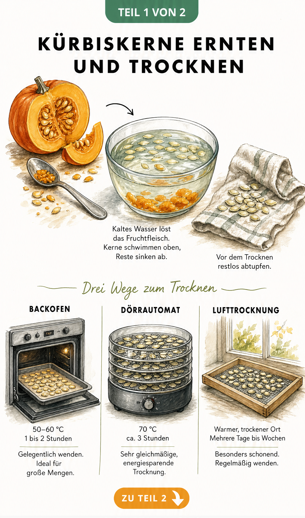 Illustration zur Vorbereitung und Trocknung von Kürbiskernen im Backofen, Dörrautomat und an der Luft
