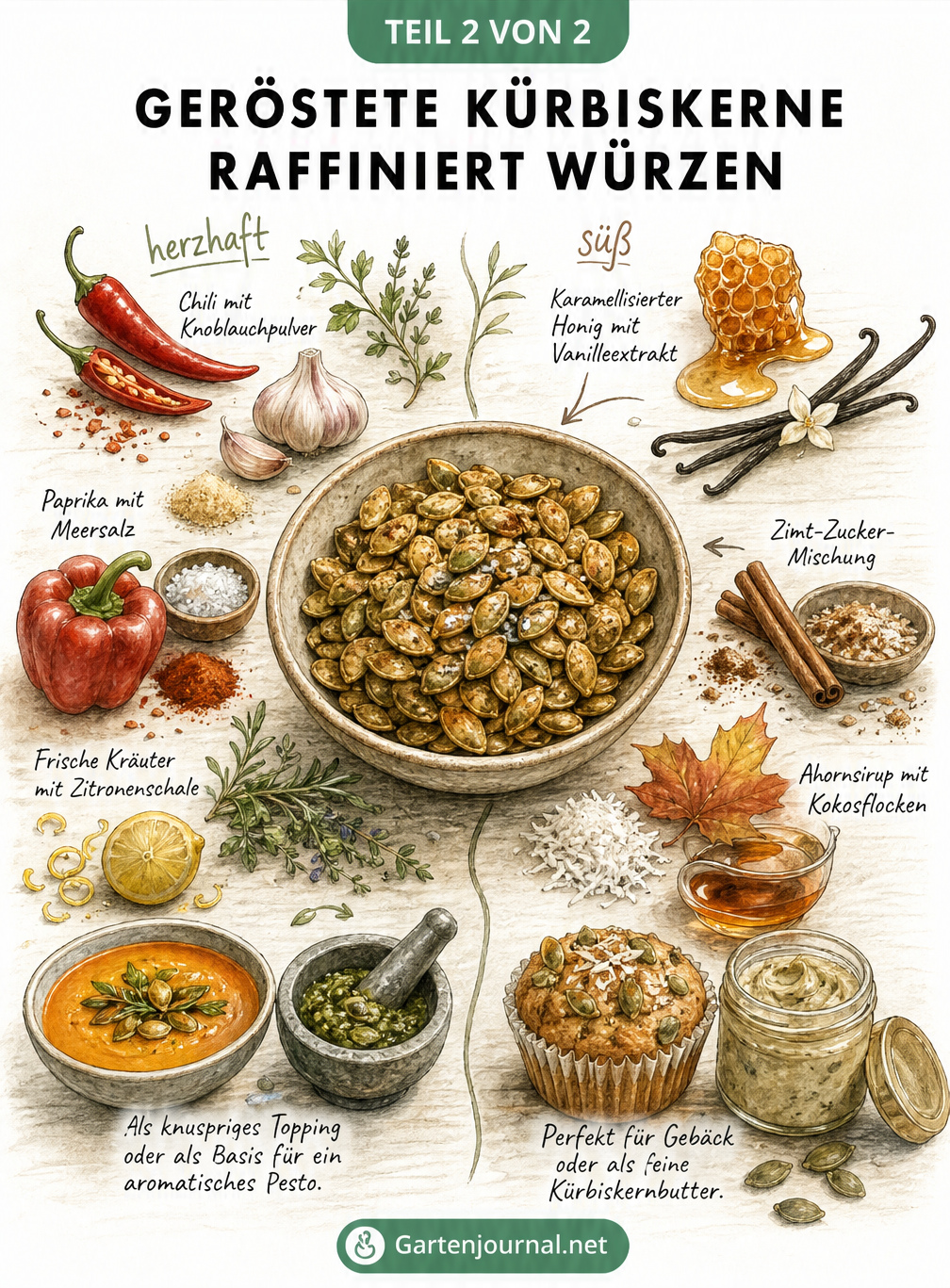 Illustration verschiedener Gewürzmischungen für geröstete Kürbiskerne, süß und herzhaft