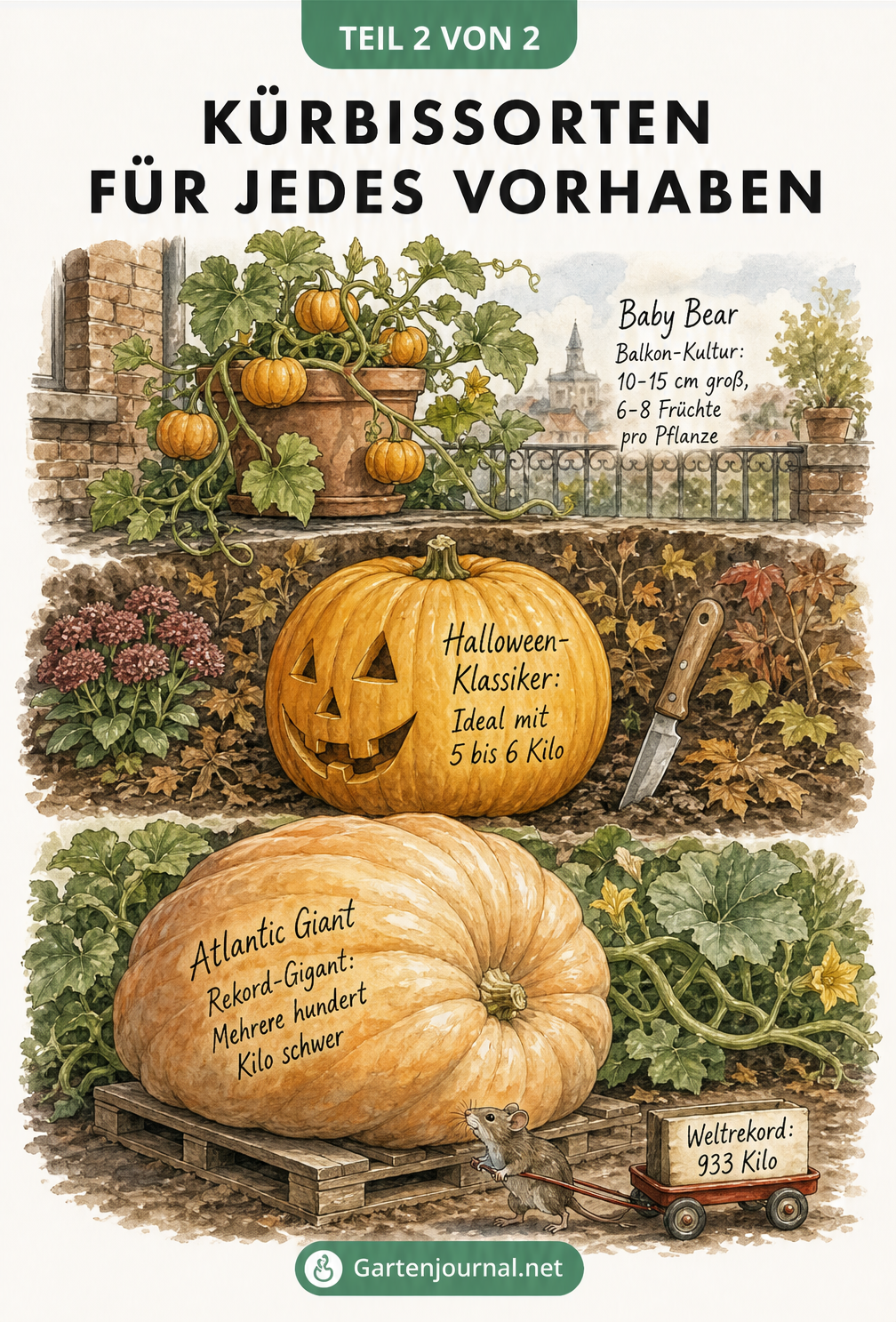 Illustration von drei Kürbissorten: Baby Bear im Kübel, Jack O'Lantern im Beet und ein riesiger Atlantic Giant