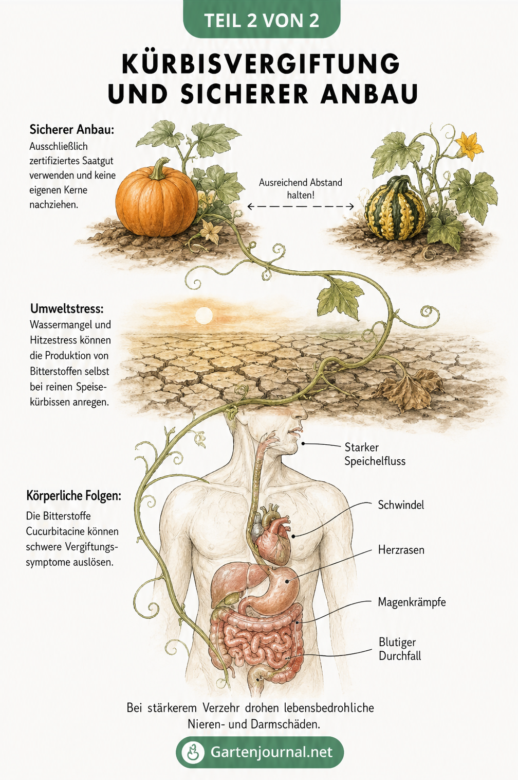 Illustration von Speise- und Zierkürbissen im Beet sowie eine anatomische Darstellung der Vergiftungssymptome durch Cucurbitacin