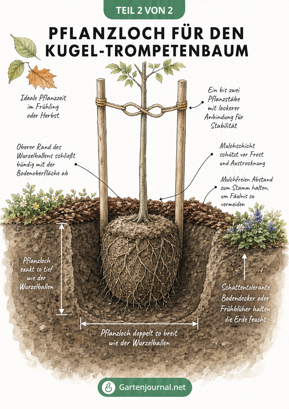 Querschnitt eines Pflanzlochs für den Kugel-Trompetenbaum mit Wurzelballen, Pflanzstäben und Mulch