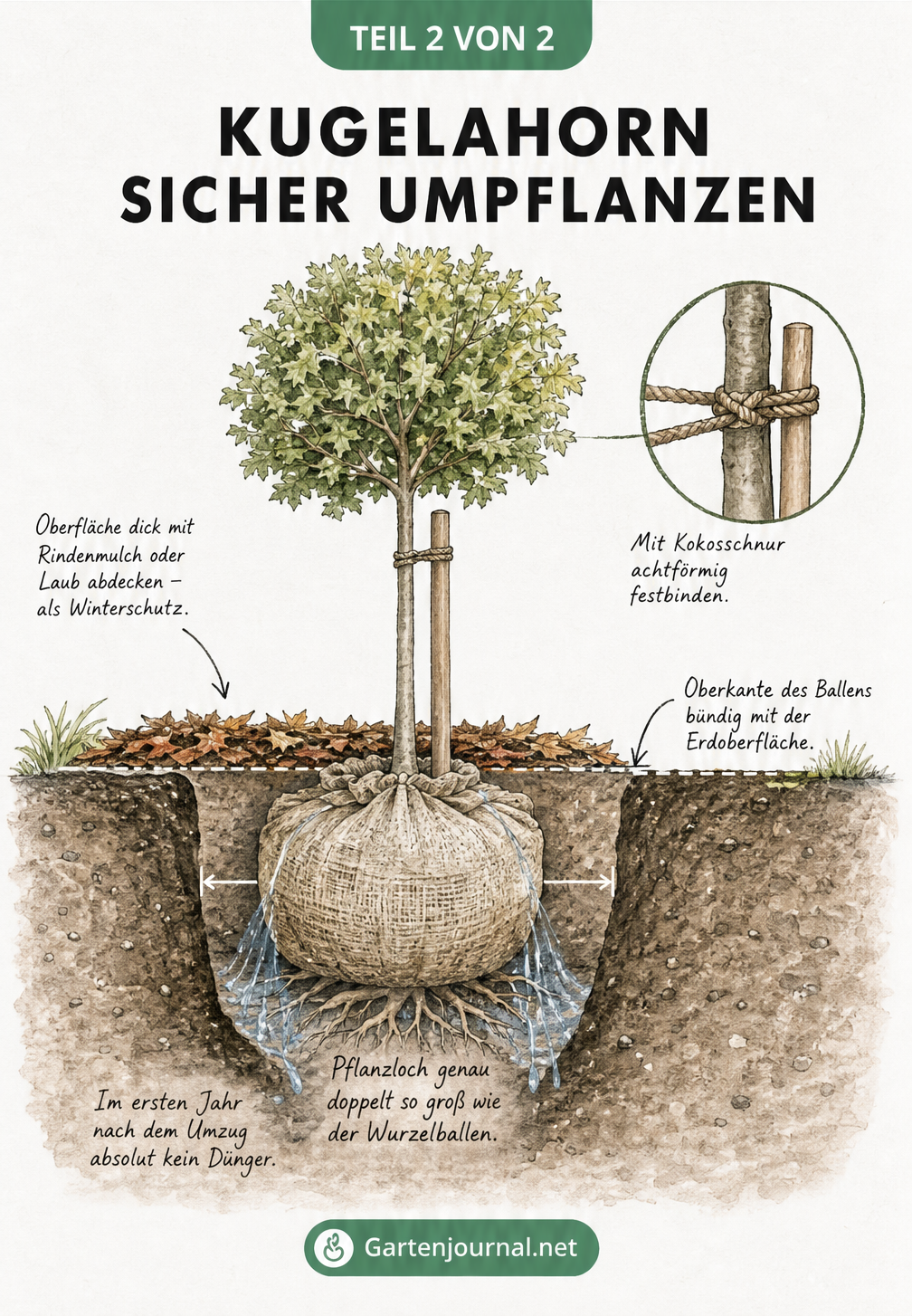 Querschnitt-Skizze eines eingepflanzten Kugelahorns mit Jutetuch, Baumpfahl und Rindenmulch-Abdeckung