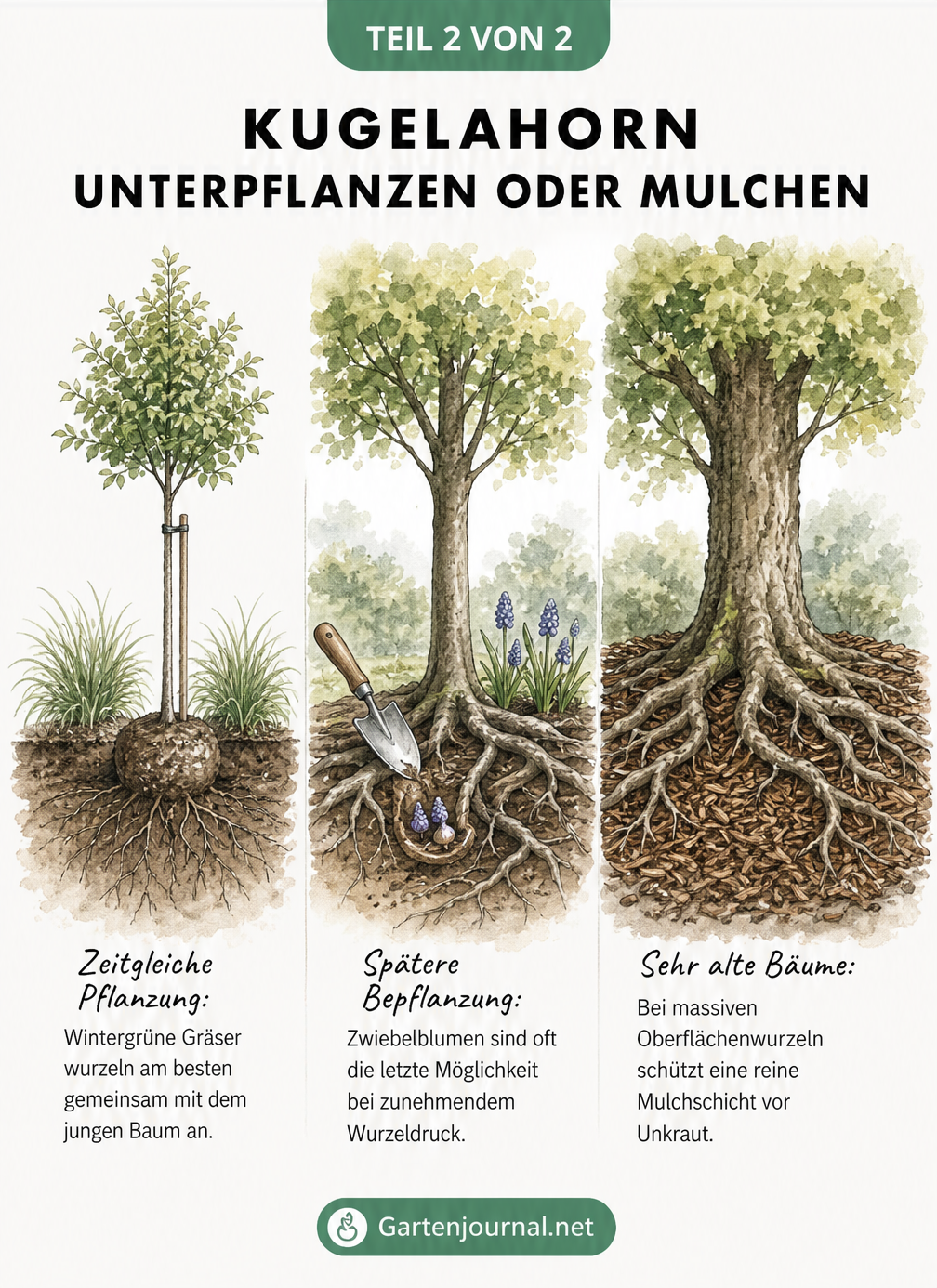 Aquarell-Illustration von drei Entwicklungsstadien eines Kugelahorns: Gräser beim jungen Baum, Zwiebelblumen beim etablierten Baum und Rindenmulch beim alten...