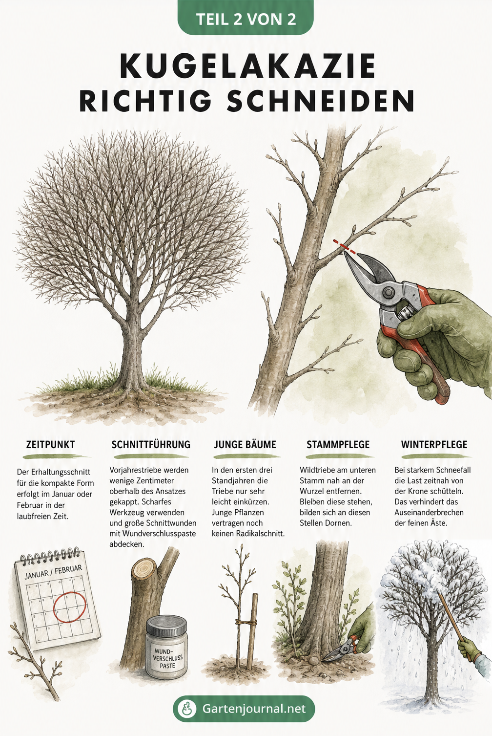Illustration zum richtigen Schneiden der Kugelakazie mit Gartenschere und Schnittführung