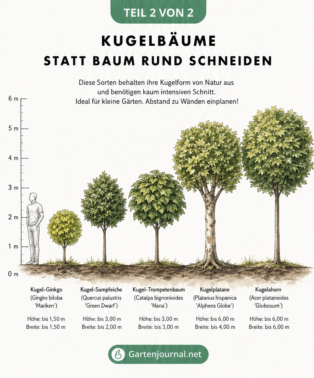 Maßstabsgetreues Schaubild von fünf Kugelbäumen im Größenvergleich, von Kugel-Ginkgo bis Kugelahorn
