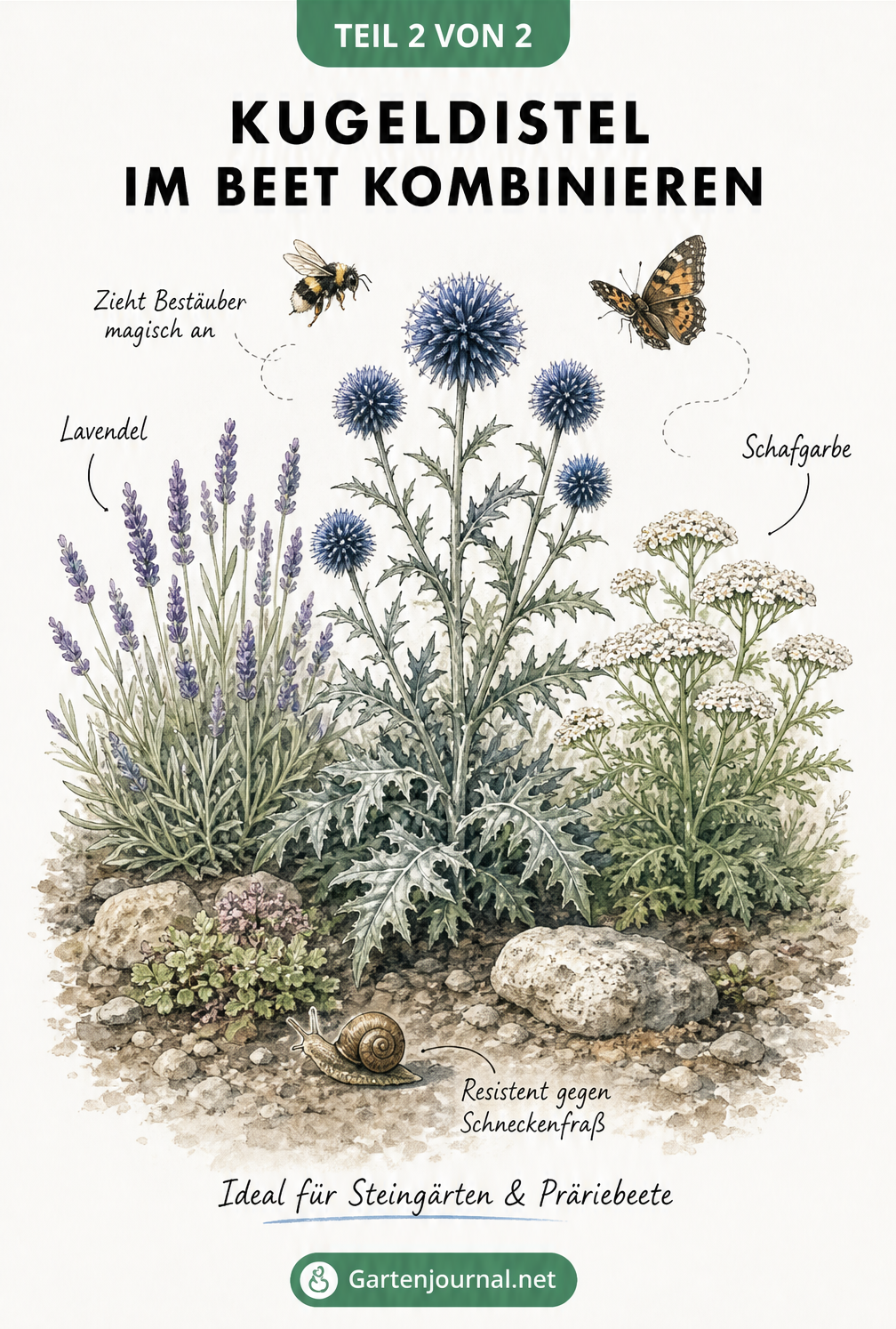 Aquarell-Skizze einer Kugeldistel kombiniert mit Lavendel und Schafgarbe in einem Beet.