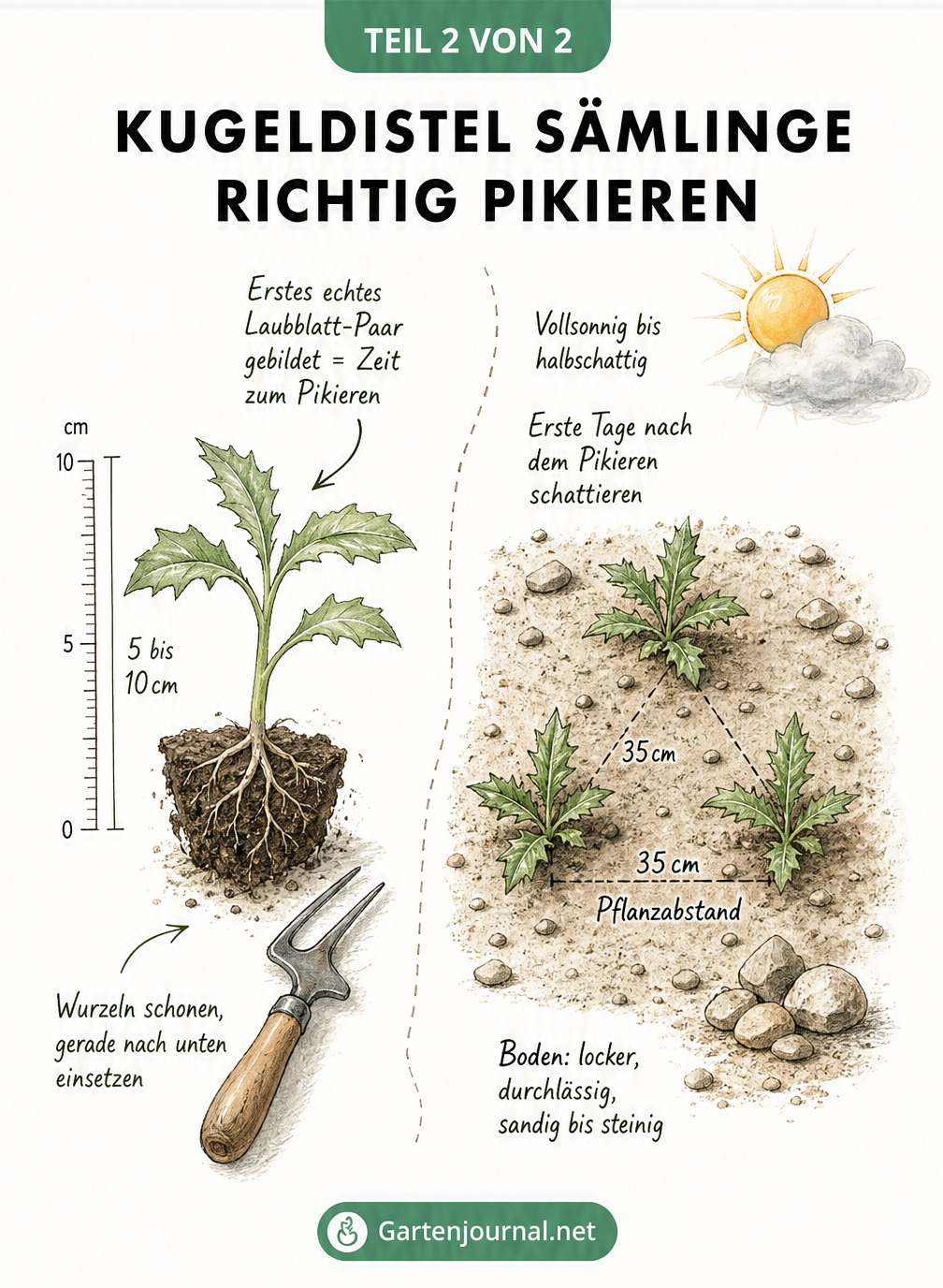 Botanische Zeichnung eines Kugeldistel-Sämlings mit Pikiergabel und Beet-Draufsicht mit 35 cm Pflanzabstand