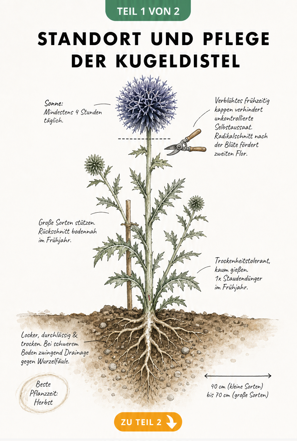 Botanische Illustration einer Kugeldistel im Querschnitt mit Hinweisen zu Standort, Pflege und Schnitt