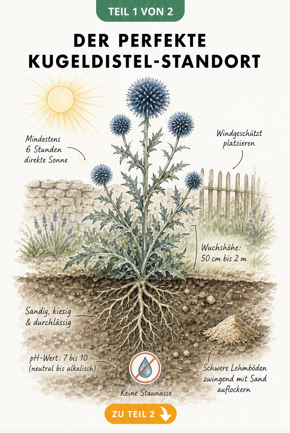 Botanische Schnittdarstellung einer blühenden Kugeldistel mit oberirdischem und unterirdischem Bereich, die den idealen Standort zeigt.